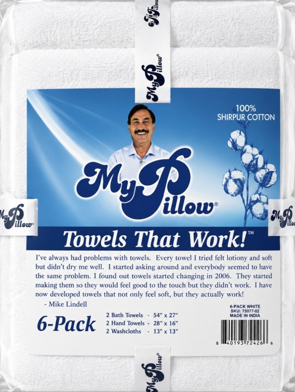 My Pillow White Towel Set 100% Shirpur Cotton 6 Piece Set New In Package 🛁
